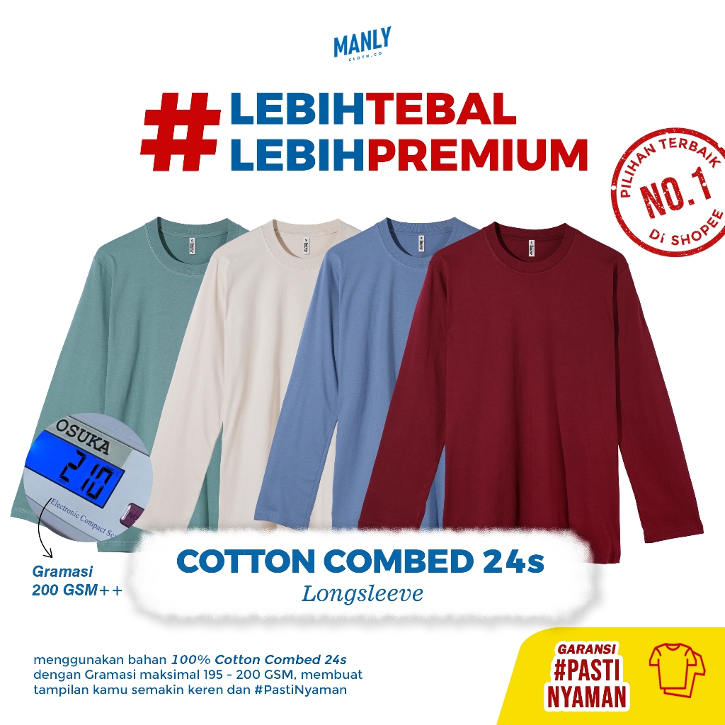 #LEBIH TEBAL Kaos Polos Premium Lengan Panjang Cotton Combed 24s