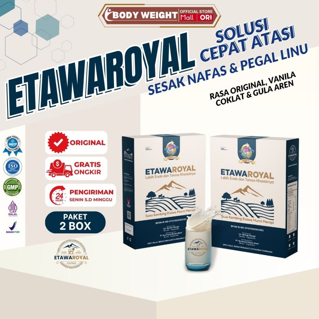 

Susu Kambing ETAWAROYAL Asli BPOM & Halal Untuk Kesehatan Paru-paru Paket 2 Box Kemasan 250gr