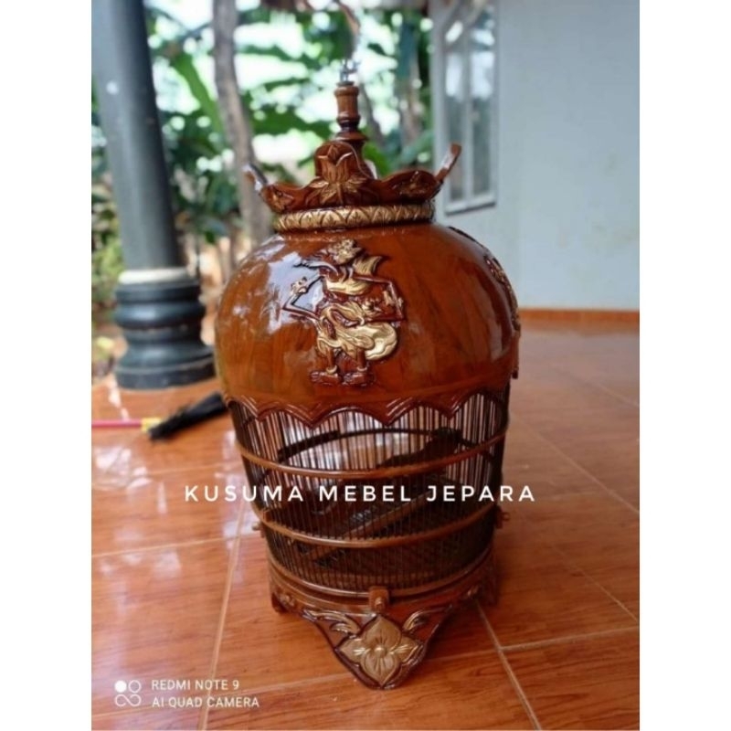 Sangkar Burung Perkutut Model Mahkota Ukir Wayang Finishing Natural Kayu Jati (Free packing kayu)
