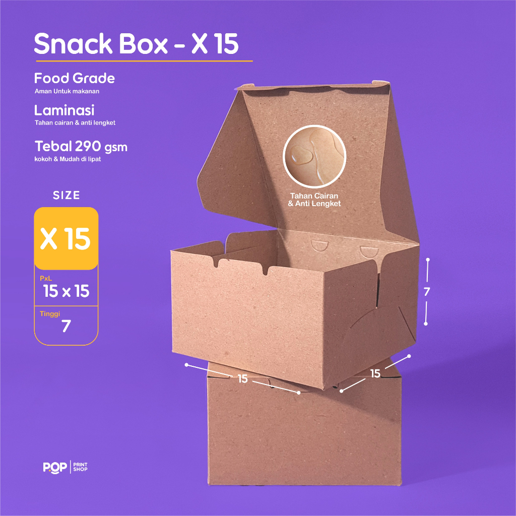 Snack Box 15x15x7 Bahan Kertas Kraft Coklat 290gsm  | Full Laminasi Tahan Air & Minyak | Kotak Kue |