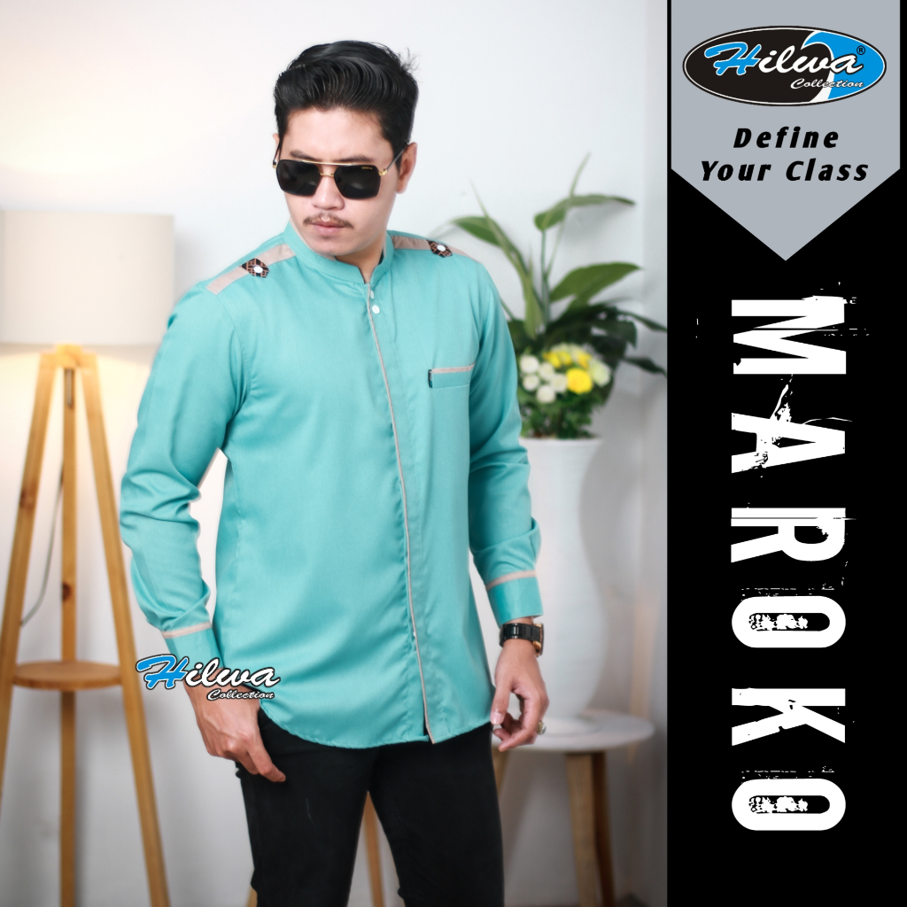 HILWA OFFICIAL - Baju Koko Lengan Panjang Warna Biru Wardah Motif MAROKO Bahan Katun Toyobo Fodu Ori