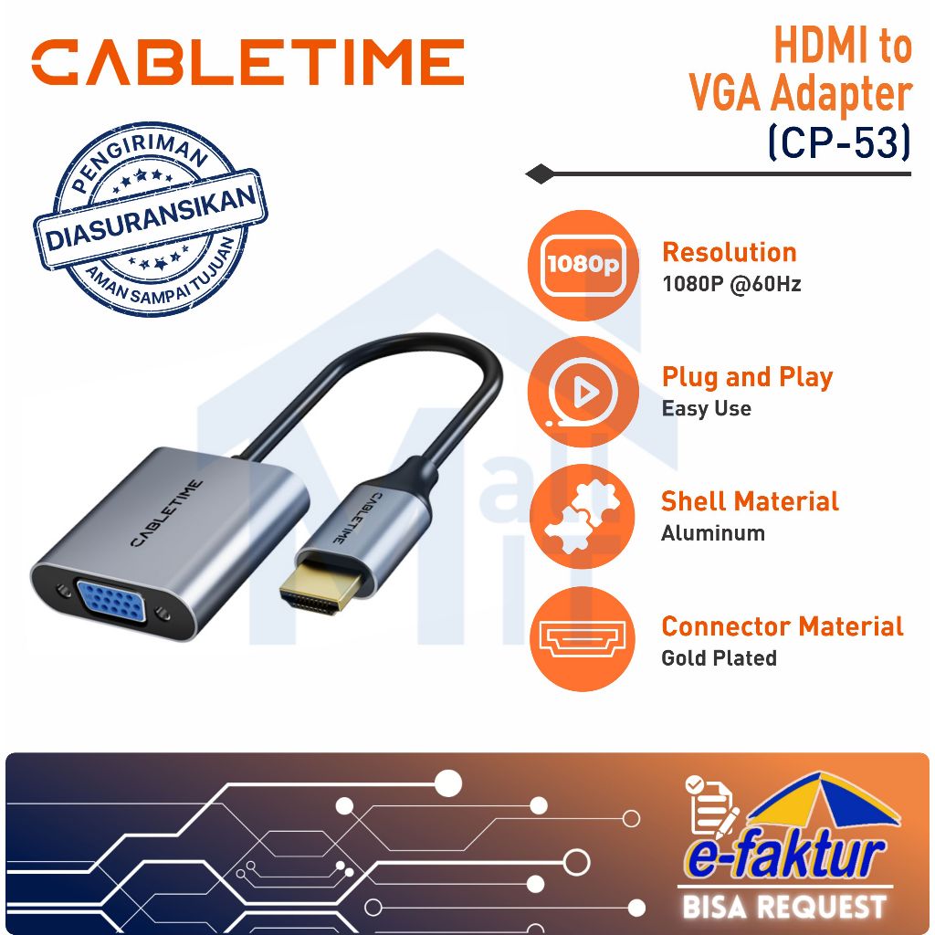 MALLIT CABLETIME Converter HDMI to VGA Adapter FHD Full HD 1080p @60Hz CP53