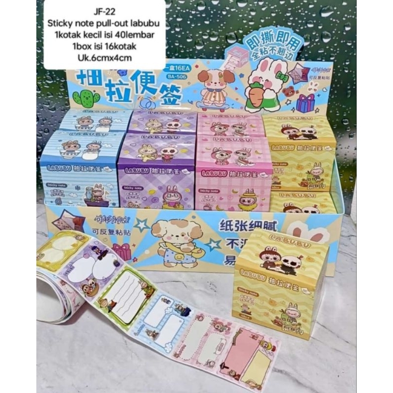 

1 BOX BB STICKYNOTE LABUBU PULLOUT ISI 16 BOX ( 1 BOX ISI 40 LEMBAR )