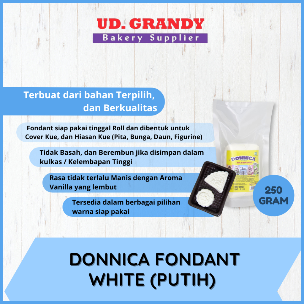 

Donnica Fondant 250g, 500g, 1 Kg, Putih, Merah, Biru, Biru Muda, Biru Tua, Kuning Terang, Kuning Telur, Jingga, Hitam, Merah Muda, Hijau, Hijau Muda, Coklat, Abu-Abu, Ungu Terang, Ungu, Skin Colour, Light Skin, Torquise