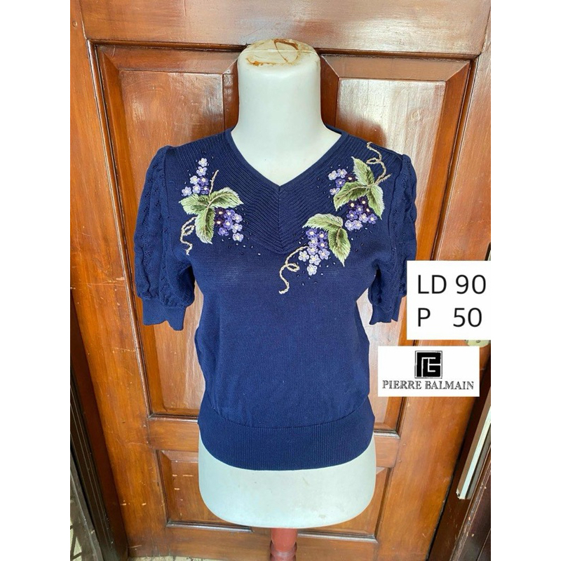Pierre Balmain Knit Top Vintage Floral Atasan Rajut Wanita Biru Dongker - preloved