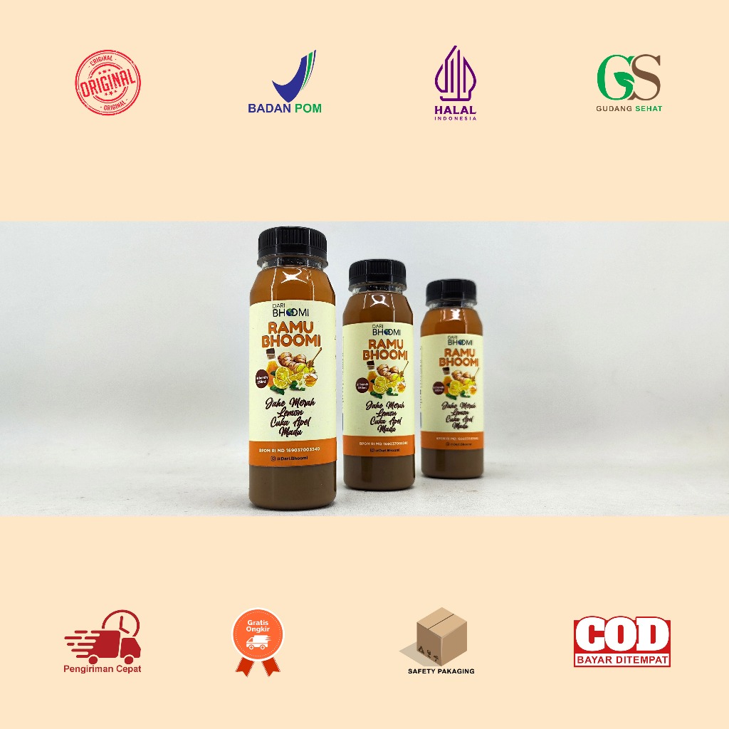 

Manado Dehealth Supplies Ramu Bhoomi 250 ML Botol Plastik / Jahe Merah + Lemon + Cuka Apel + Madu