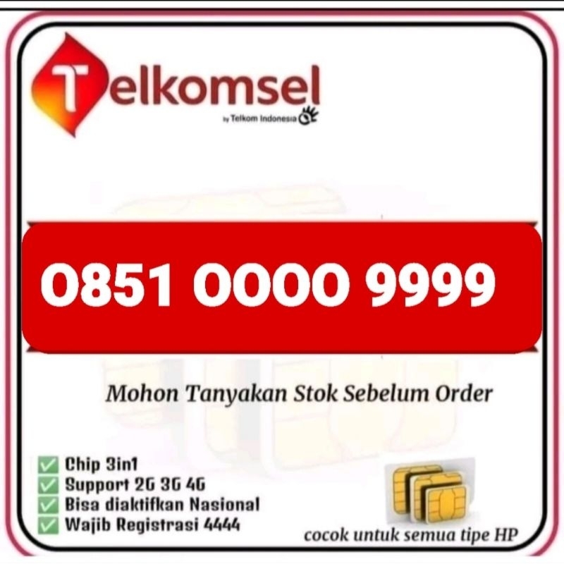 NOMOR CANTIK TELKOMSEL DOUBLE KWARTED 085100009999,0000 9999