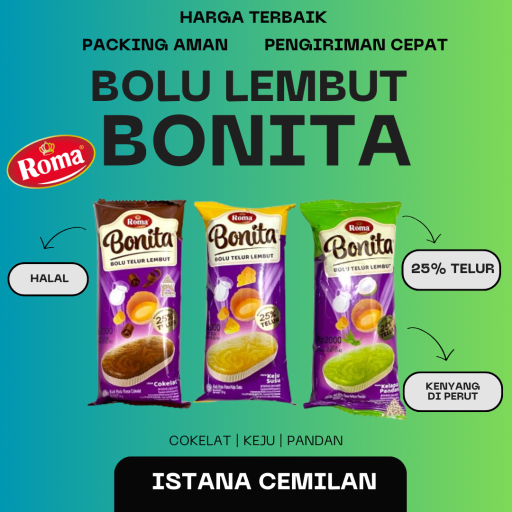 

BONITA Bolu Telur Lembut Keju Susu / Cokelat / Kelapa Pandan 30 Gram SATUAN