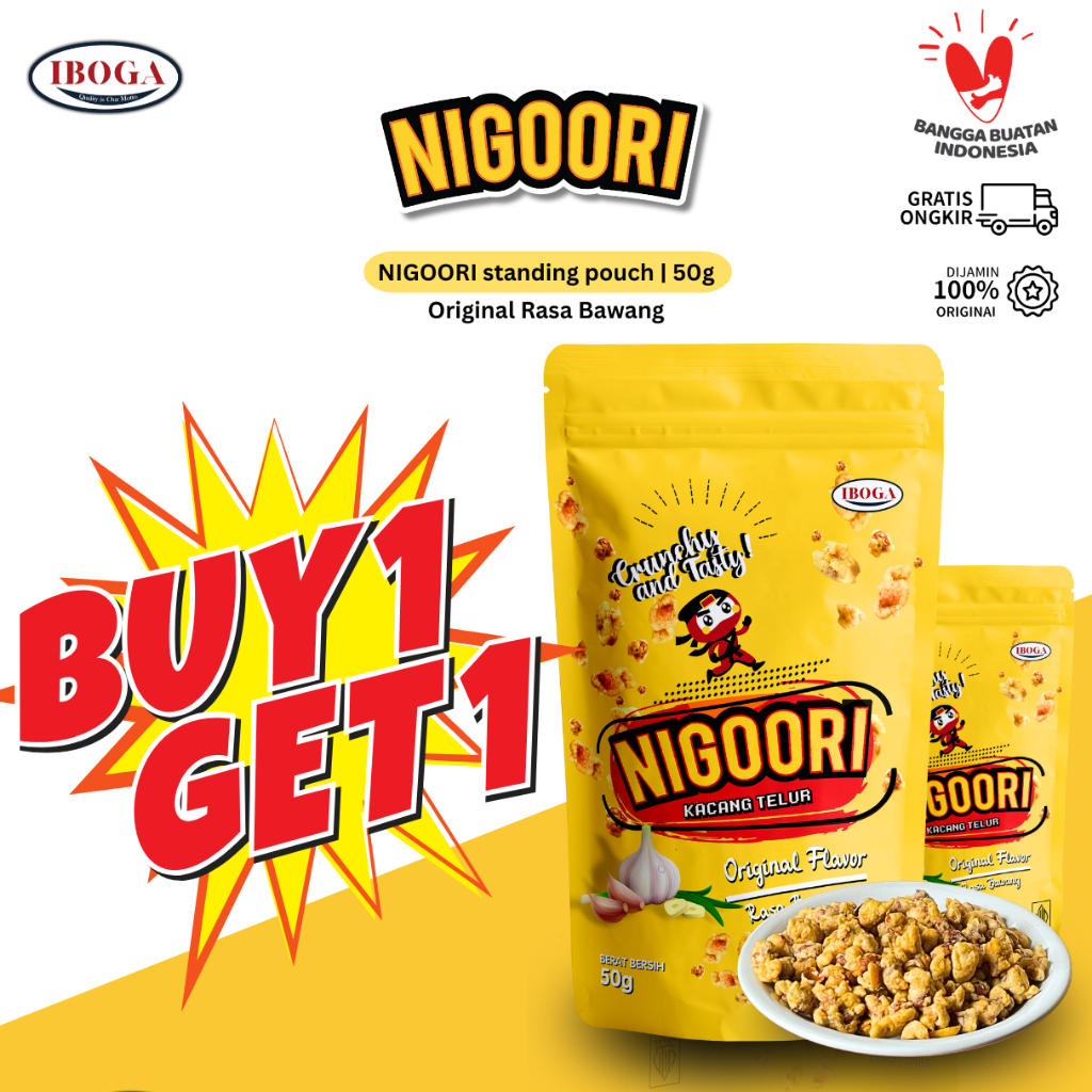 

[BELI 1 GRATIS 1] Snack Camilan kacang Telur Gurih Telor Murah kemasan Standing Pouch 50g NIGOORI Rasa Original Bawang