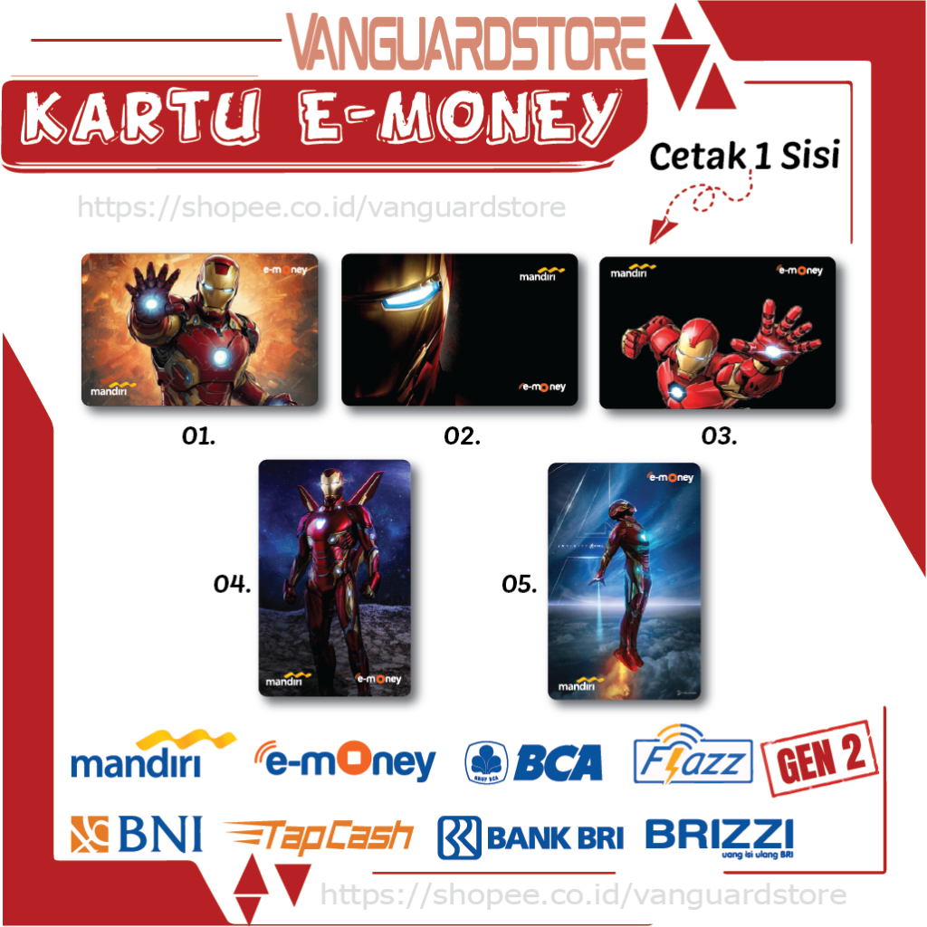 KARTU E MONEY E TOLL IRON MAN SUPERHERO ANIME 33 EMONEY MANDIRI FLAZZ BCA BNI TAPCASH BRIZZI BRI
