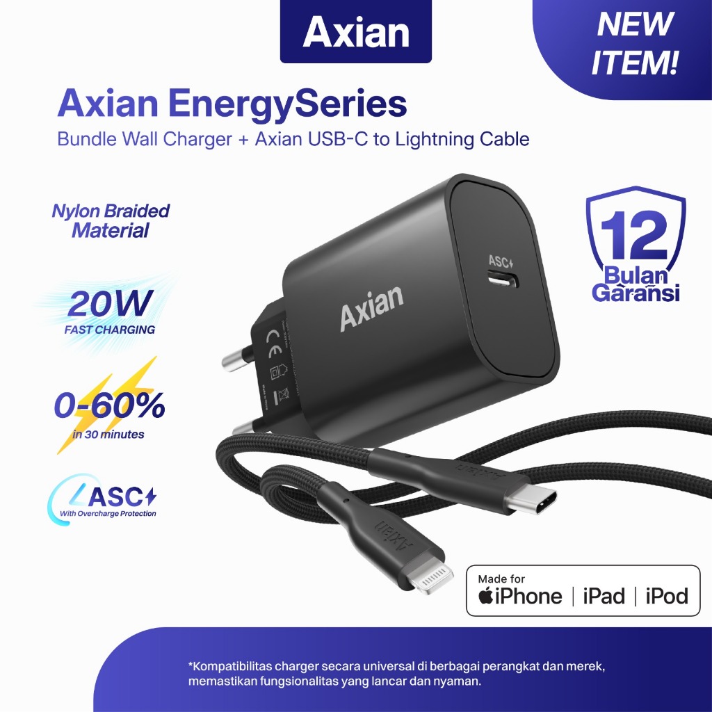 AXIAN EnergySeries Charger for iPhone MFi for iPhone XR 11 12 13 14 15 16 17 USB C to Lightning Char