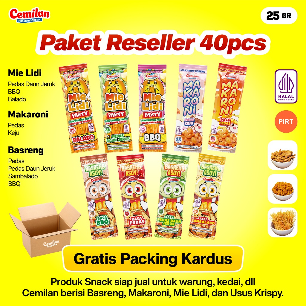 

Paket Usaha 40pcs Reseller Snack Cemilan Murah Indonesia - Makaroni Basreng Mie Lidi - Food Halal Renyah Gurih Asin Goreng Pedas