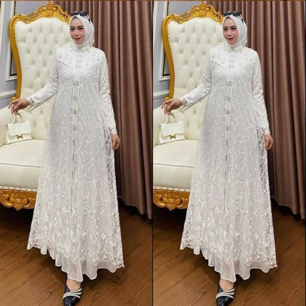 Baju Gamis Brokat Terbaru 2025 Mewah Kekinian Zallia Dress Warna Putih Laksmi Dress Maxy Bahan Cerut