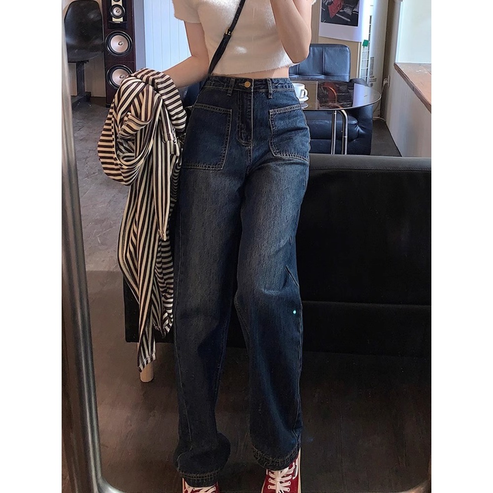 Biru Kulot jeans wanita korean style highwaist Jeans lurus longgar dengan saku depan untuk wanita