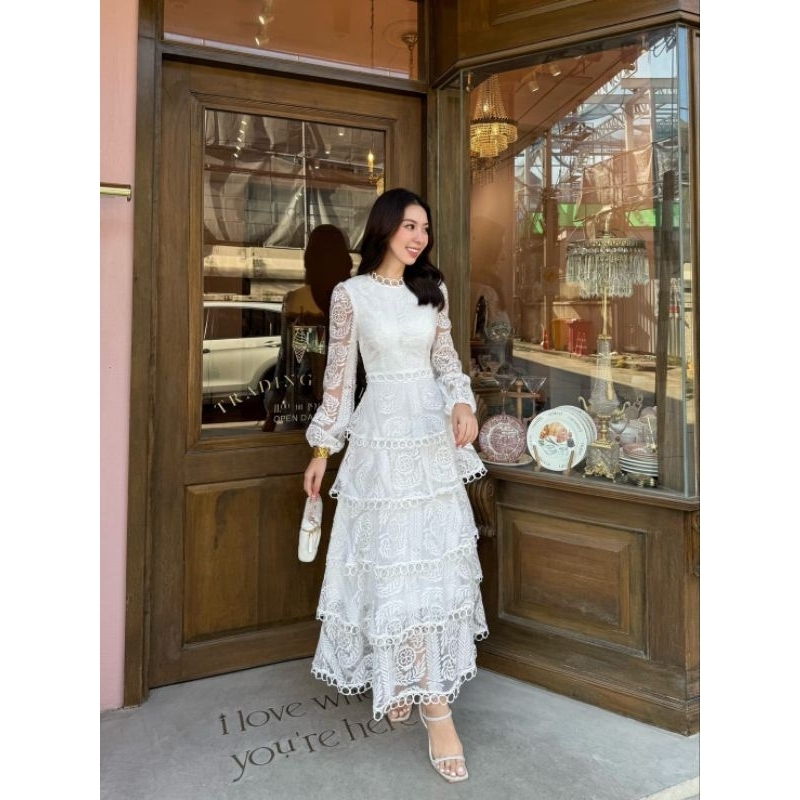 long sleeve midi long dress lace brukat floral flower bunga premium europ long dress gaun pesta wedd