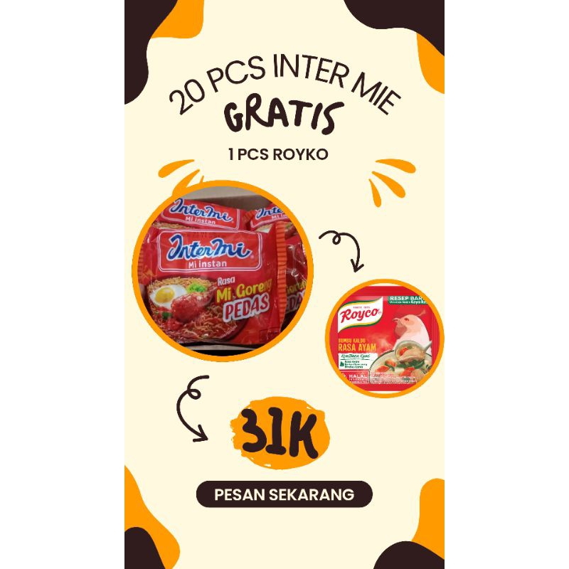 

paket 20 pcs inter mie goreng pedas gratis royko 1 pcs termurah