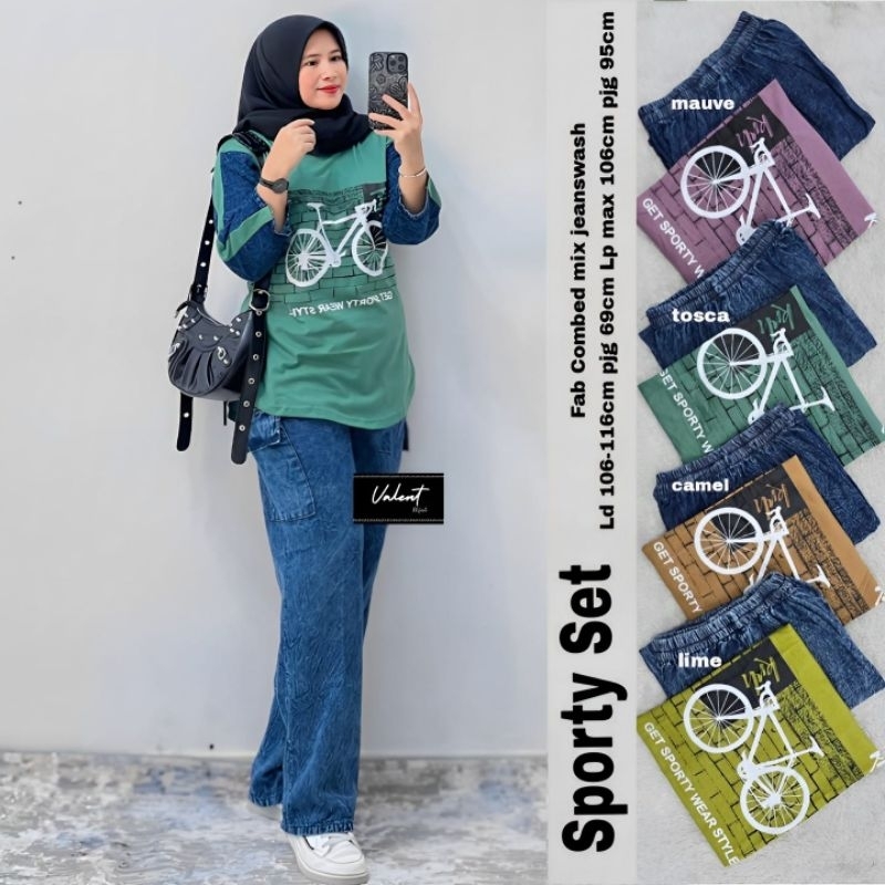Valent Sporty Winner Set / setelan blouse dan celana jeans wanita set combed mix jeans wash cutbray 