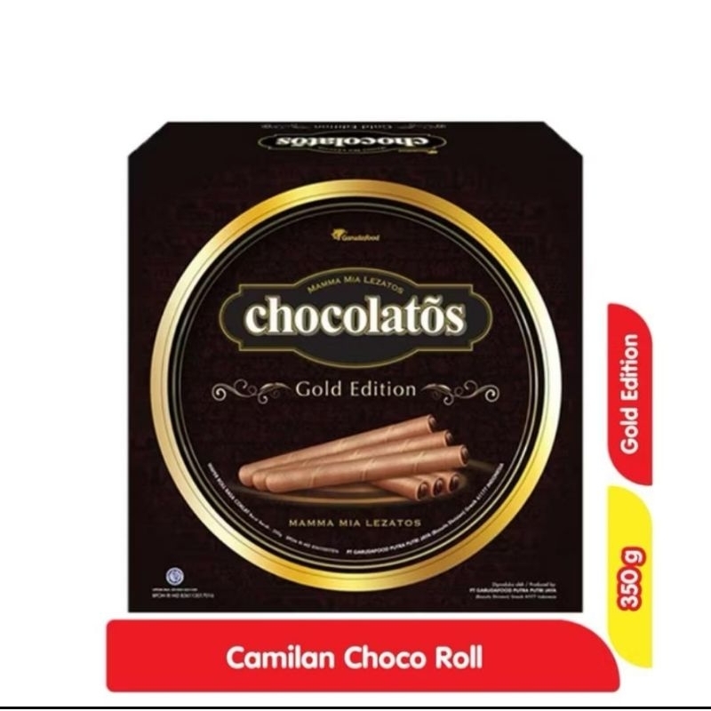 

chocolatos gold edition wafer roll can 350g ( 1 karton isi 6 kaleng )