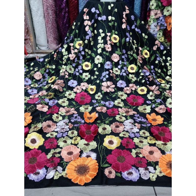 kain/bahan tile bordir garden 3D/bordir bunga timbul