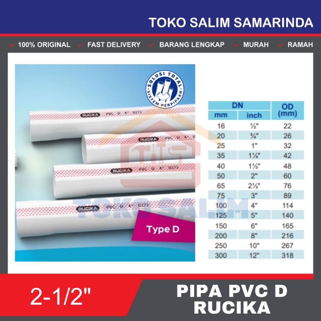 Pipa Rucika D Merah 21/2 Inci | Pipa PVC Paralon 2,5 D inch ( POTONGAN 100CM / 1 METER )