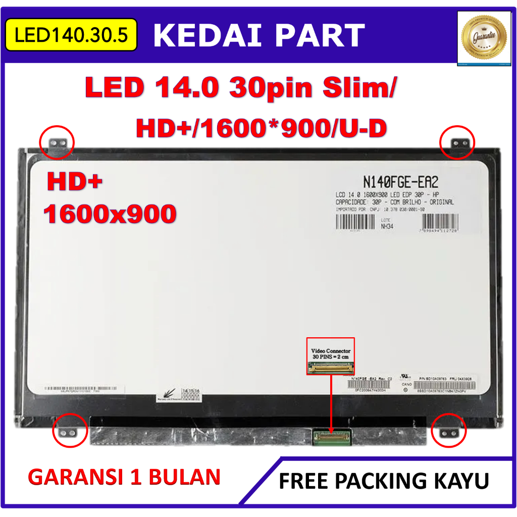 LED LCD HP 14.0 14 Inch 30 pin 30pin Slim HD+ HD Plus 1600x900 1600*900 Bracket Kuping Baut Atas Baw