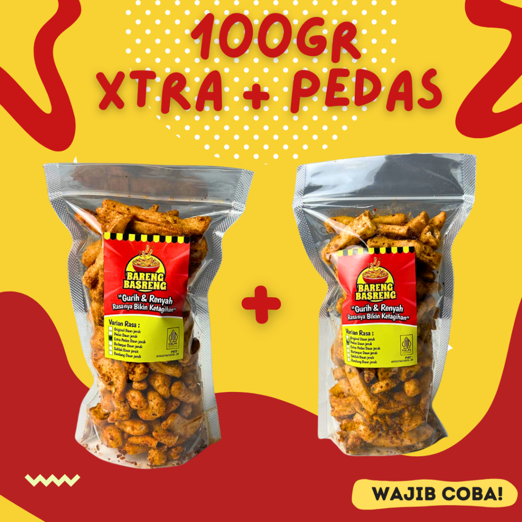 

Paket Combo Basreng Xtra Pedas 100 Gr + Pedas 100Gram Camilan Jajanan Snack Basreng Pedas Daun Jeruk