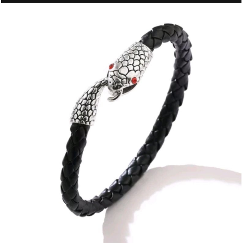 GELANG KULIT IMITASI ALLOY MODEL ULAR - GKUL011 HITAM SILVER