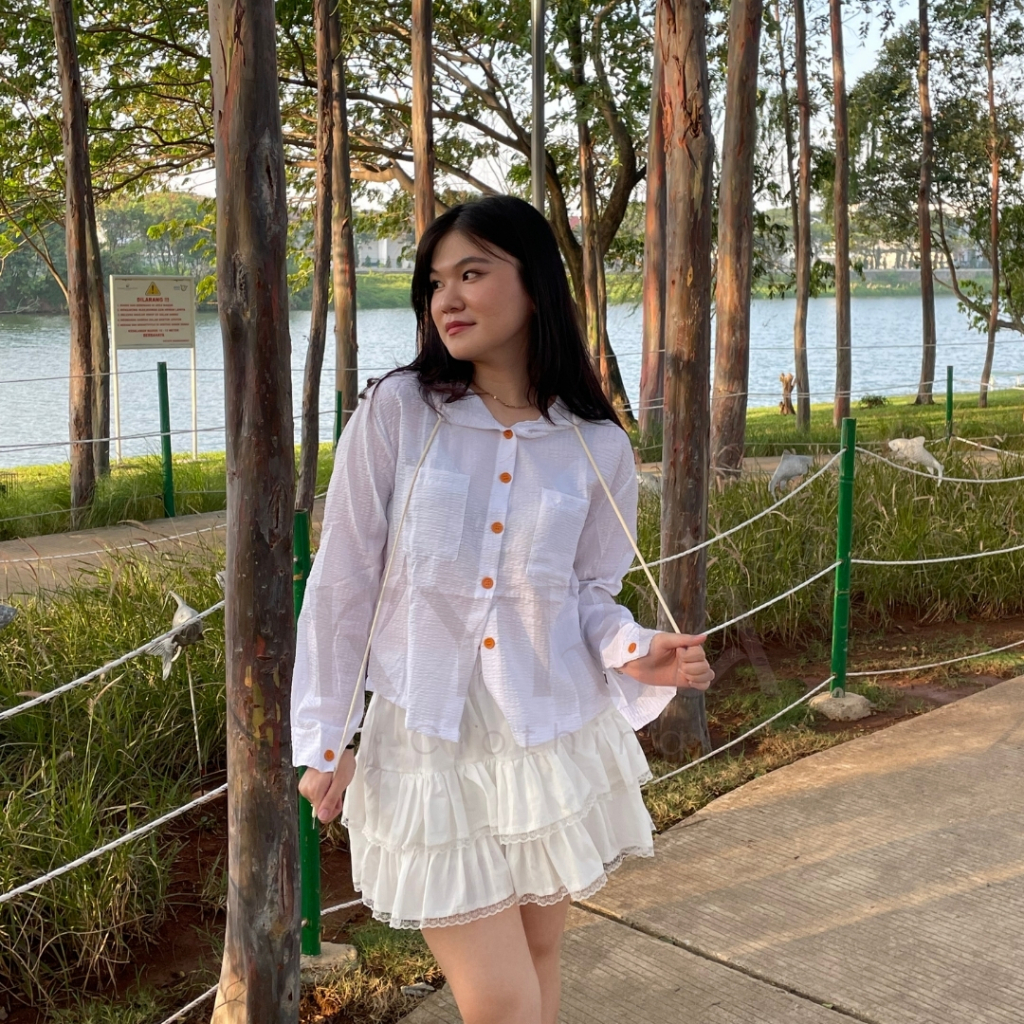 KYRIA.CLOTHING - REI OUTER  Jaket kemeja 1658 -  bergaris biru bertekstur untuk wanita bertudung lon