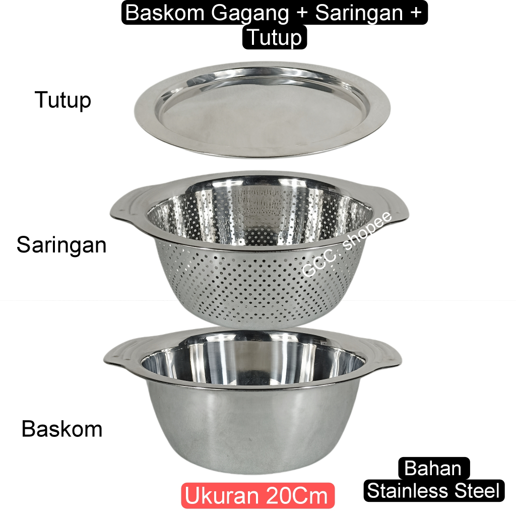 Baskom Peniris Tutup Premium Stainless Steel Lengkap Tutup Baskom Saringan Kuping Dua 20cm 22cm 24cm