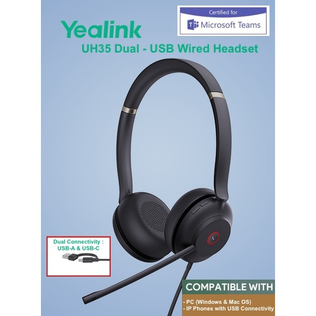 Yealink UH35 Dual USB Wired Headset (Dual USB C/A) - Certified for Microsoft TEAMS
