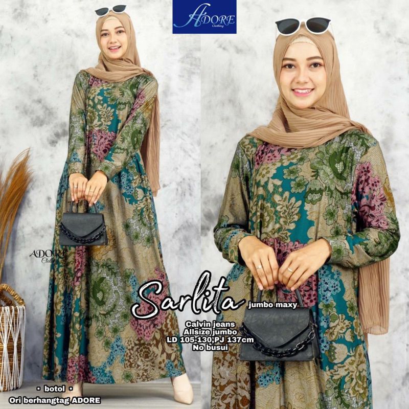 Gamis Wanita Sarlita Jumbo Maxy Dress Bahan Calvin Jeans Motif Bunga Allsize LD105-130 by Adore