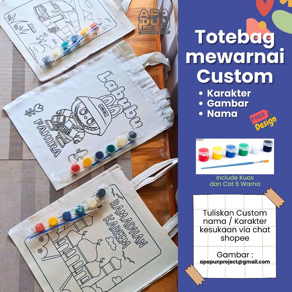 

(SEHARI JADI) Tote Bag Painting Kit Melukis Tas Custom Print Karakter / Nama / Gambar Kesukaan