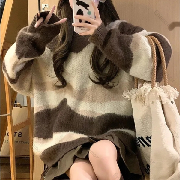 [Enamor] Sweater Wanita Motif Garis-Garis Warna-Warni Musim Gugur/Dingin Tema Kemeja Santai