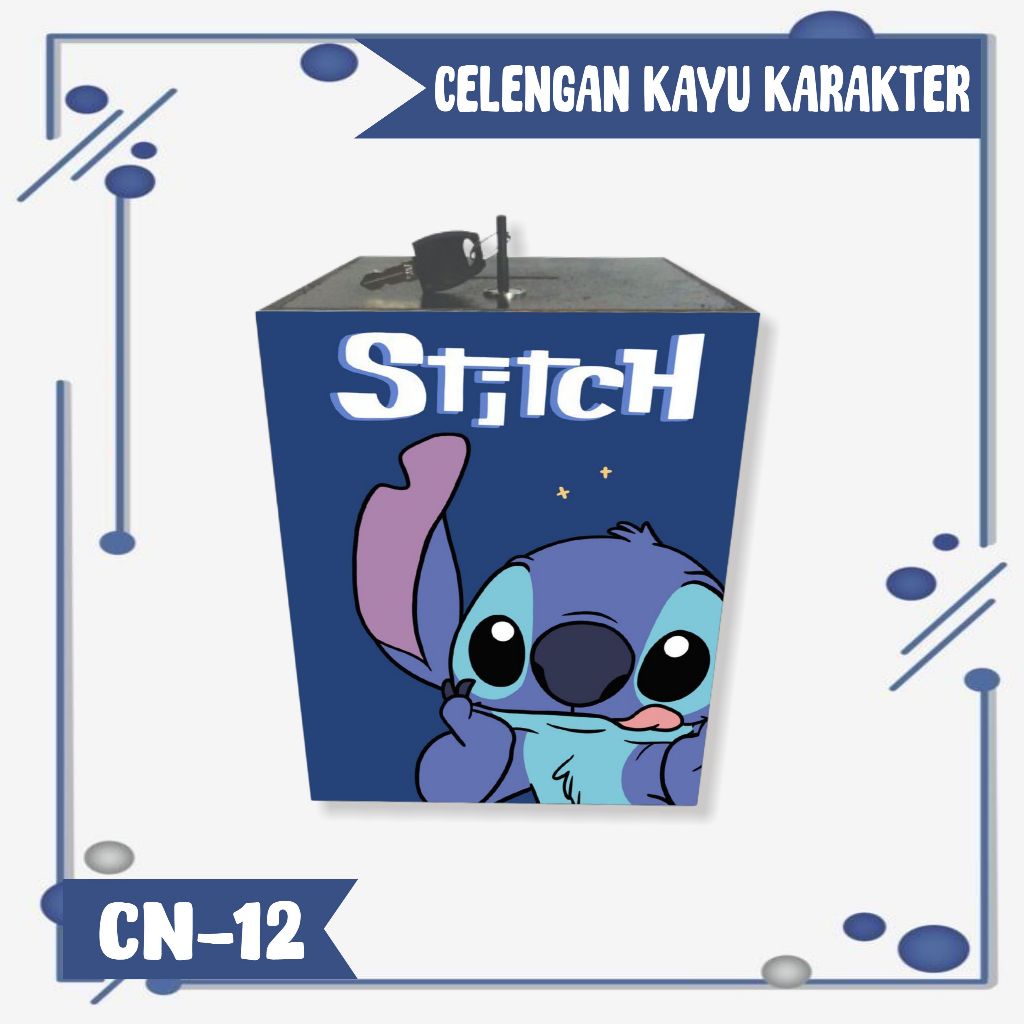 CELENGAN STITCH KARAKTER LUCU/ KOTAK TABUNGAN KAYU GEMBOK KUNCI UNIK