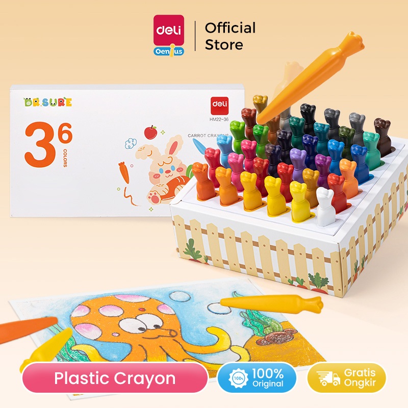 

Deli Plastic Crayon / Krayon Plastik 12/24/36 Warna Triangular Tahan Lama Bentuk Wortel Tidak Lengket HM22