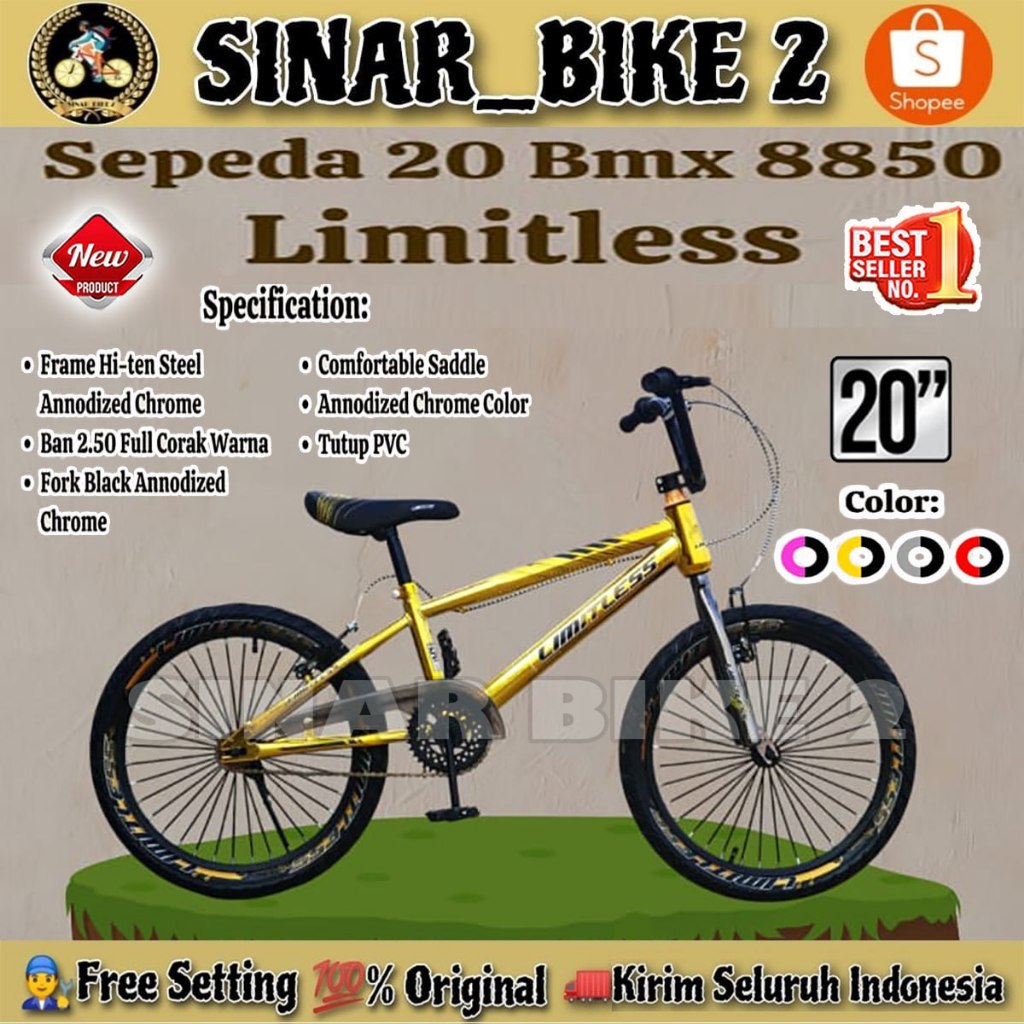 Sepeda Anak Laki BMX LIMITLESS 8850 Ukuran 20 Inch Ban Jumbo 2.50 Usia 8-12 Tahun Frame Chrome