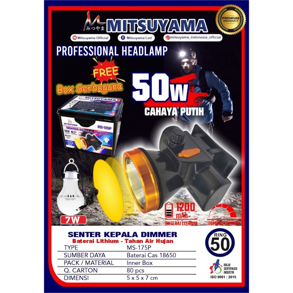 Senter Kepala LED Putih 50 Watt Dimmer MITSUYAMA MS - 175P