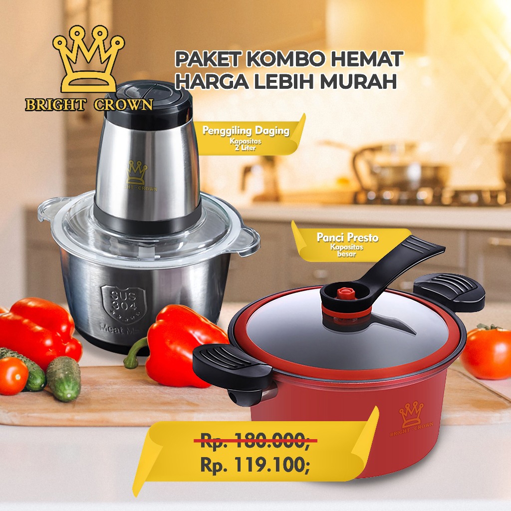 Bright Crown Paket Hemat Panci Presto Totipotent Pot 3.5L + Chopper Penggiling Daging Stainless 2L