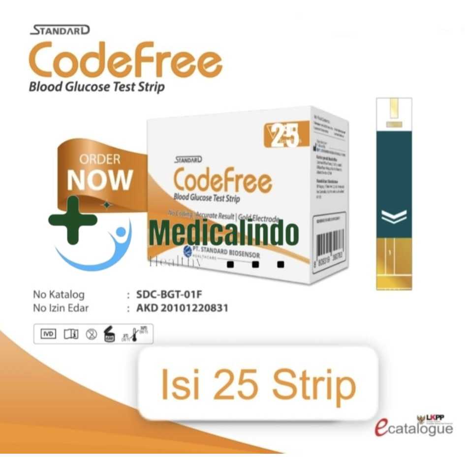 SD BIOSENSOR CODEFREE BLOOD GLUCODE TEST STRIP GULA DARAH CODE FREE ISI 25 STRIP