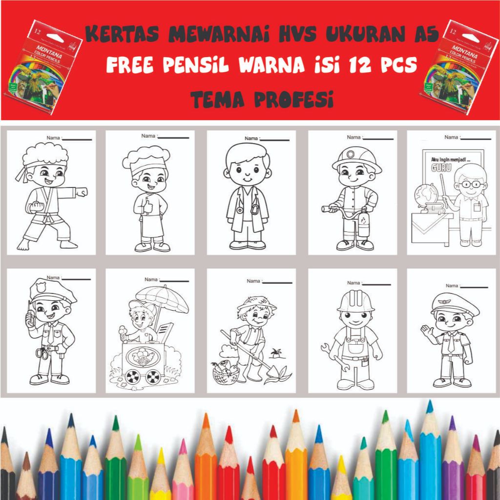

Gambar Mewarnai kertas hvs ukuran A5 / sketsa / edukasi anak /coloring / Profesi