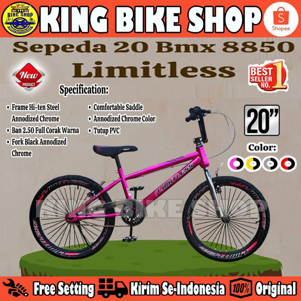 Sepeda Anak Laki BMX LIMITLESS 8850 Ukuran 20 Inch Ban Jumbo 2.50 Usia 8-12 Tahun Frame Chrome
