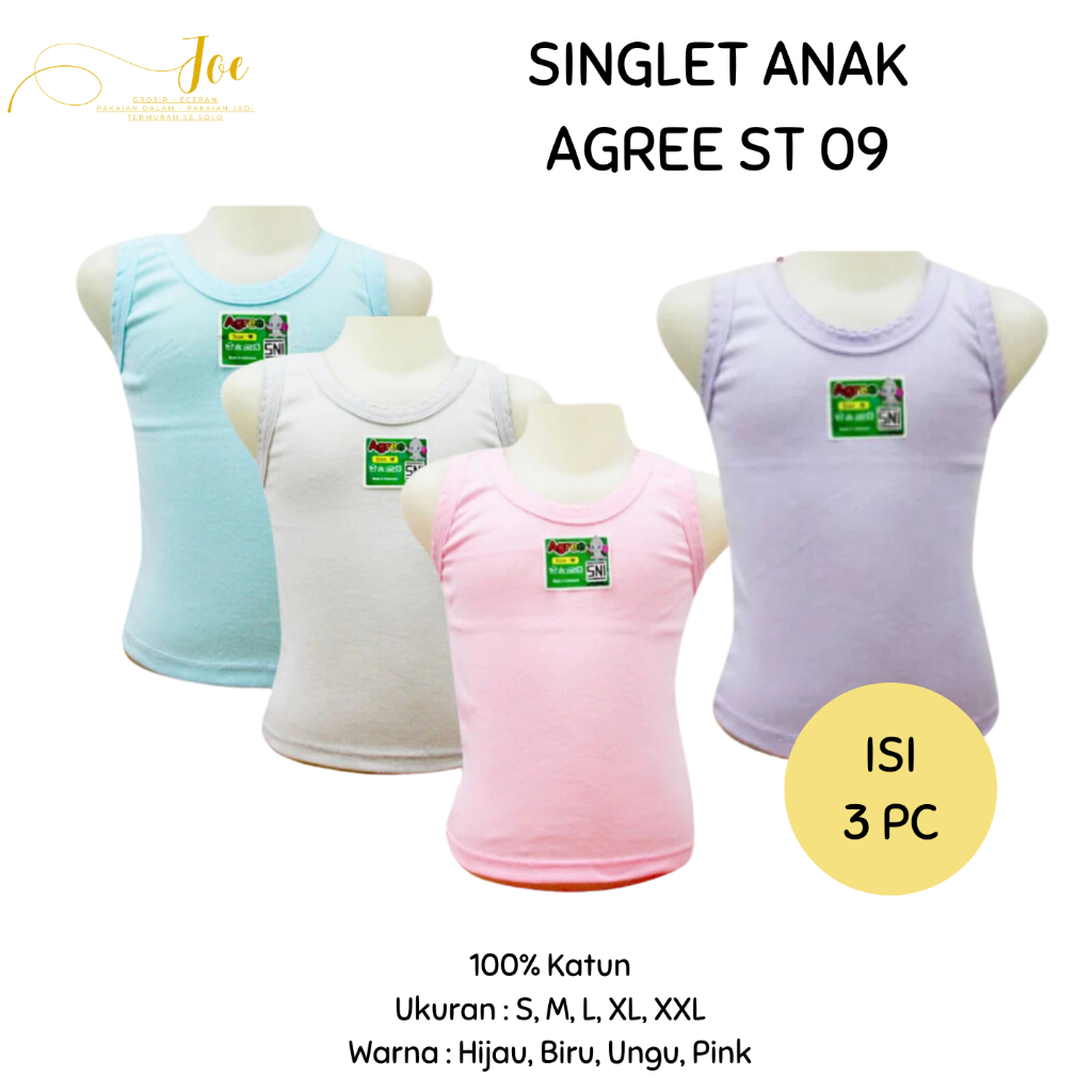 [ISI 3] Singlet AGREE Kids ST 09 WARNA  / Kaos Dalam Anak AGREE Singlet / Kaos AGREE SINGLET