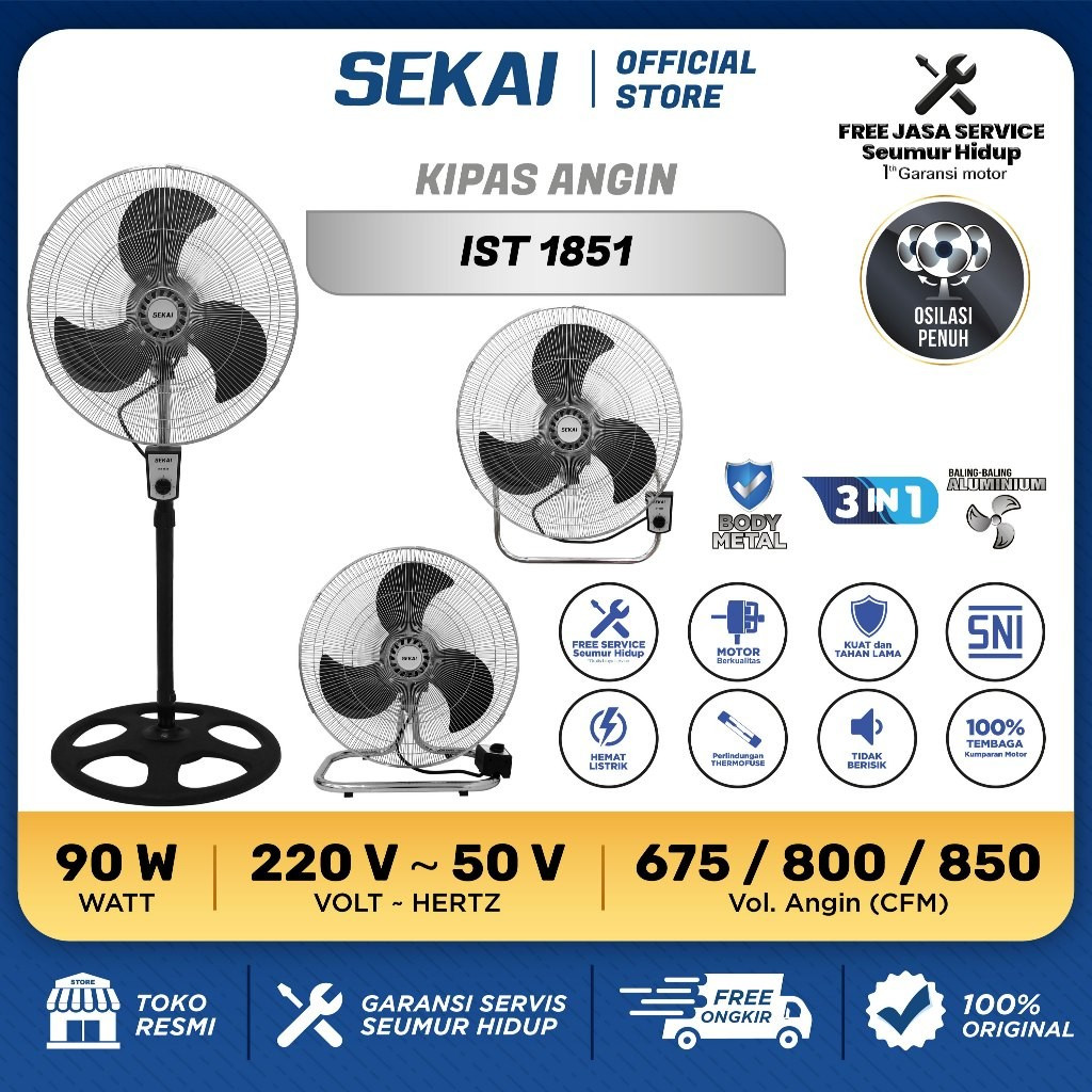 SEKAI IST-1851 Kipas Angin 3 Fungsi Berdiri Dinding Meja 18 Inc Metal Blade