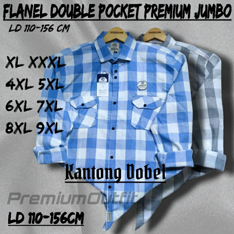 Kemeja Flanel Pria Wanita Kotak-kotak Jumbo Kantong Double Pocket Dua Saku Oversize Bigsize Lengan P