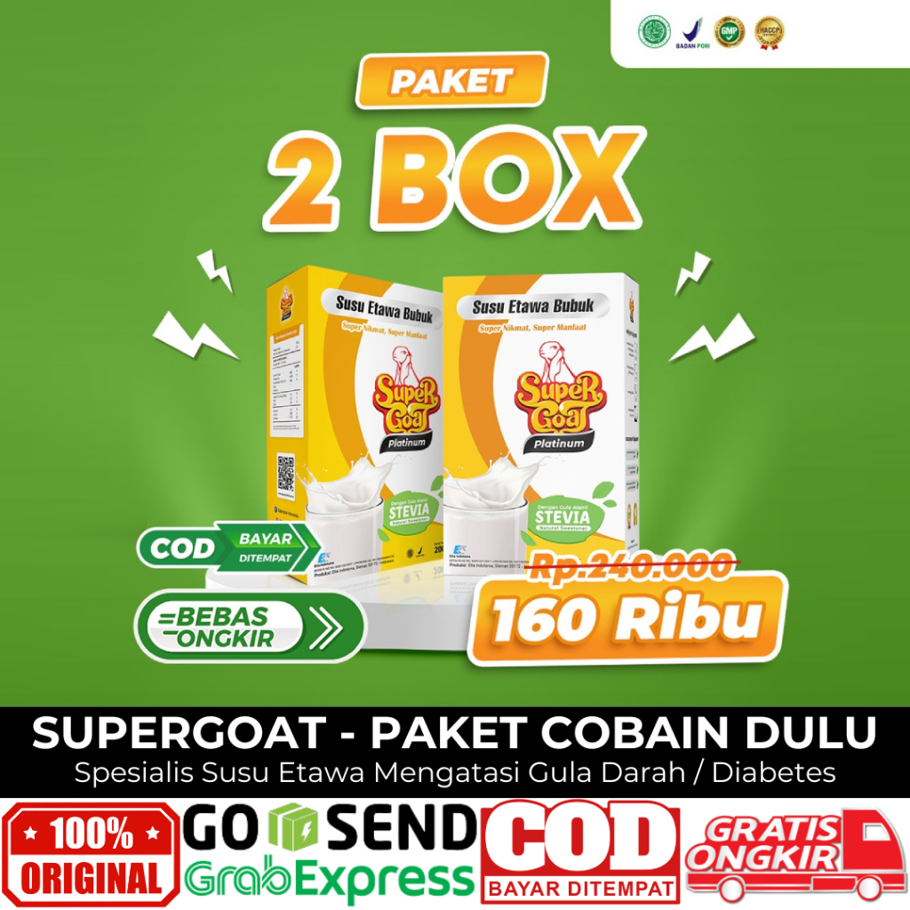 

SUPERGOAT PLATINUM Solusi Diabetes Melitus dan Gula Darah Susu Kambing Etawa Plus Stevia paket 2 Box