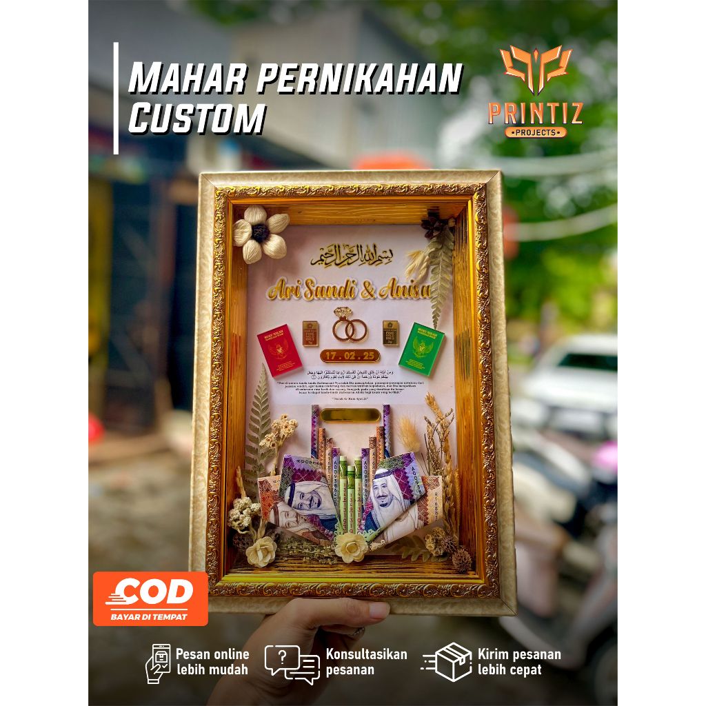 Mahar Pernikahan Custom | Bingkai 3D | Akrilik Gold