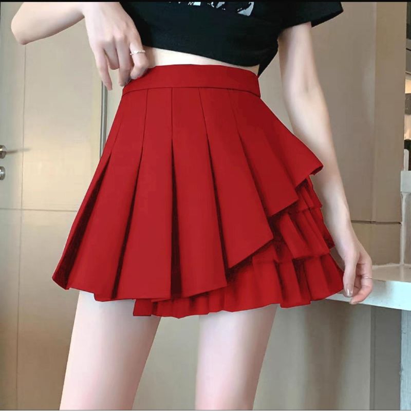 5560 Rok pendek LAYERED RUFFLE PLEATED MINI SKIRT hitam creme polos gaya Korea Korean style wanita i
