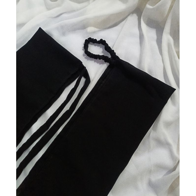Cadar karet 2 layer | cadar tali 2 layer bahan siffon silk jetblack | siffon silk arab tanpa jahitan