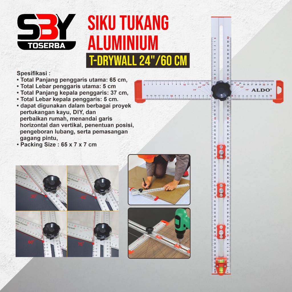 

Siku Tukang Aluminium T-Drywall 24"/60cm ALDO / Penggaris Siku ALDO / Penggaris Siku Adjustable