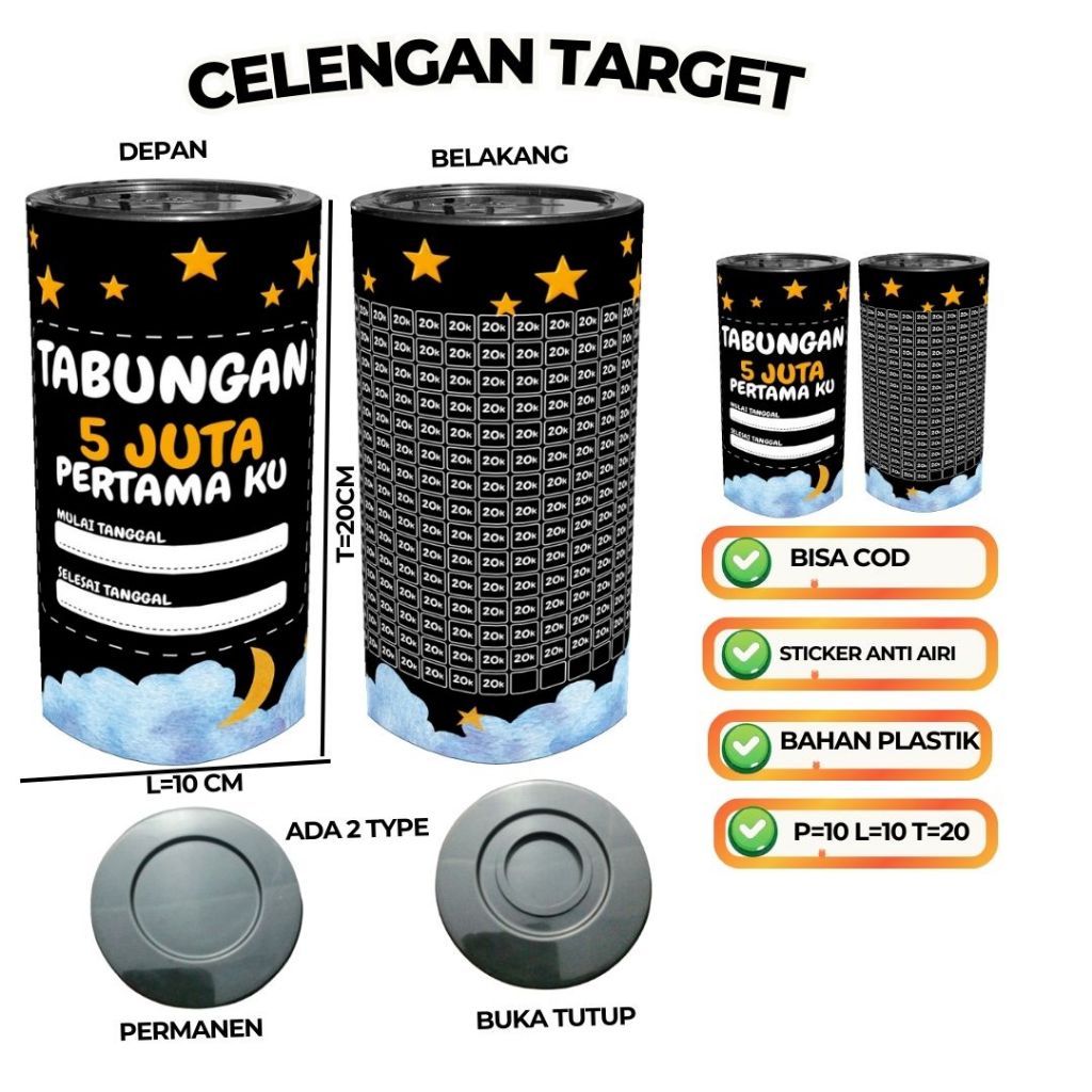 Celengan Target 1Juta 5k 5Juta 20k Permanent Buka Tutup Warna HItam Premium - Tabungan Uang Asli